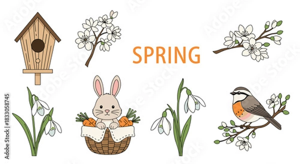 Fototapeta Collection of adorable spring themed illustrations including a birdhouse bunny snowdrops flowers and a bird on a branch.
