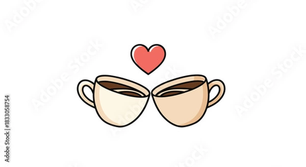 Fototapeta Two cartoon coffee cups toasting with a red heart above them symbolizing love and warmth on a white background.