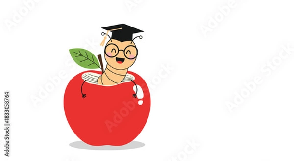 Fototapeta Cute cartoon bookworm with a graduation cap and glasses popping out of a red apple on a white background.