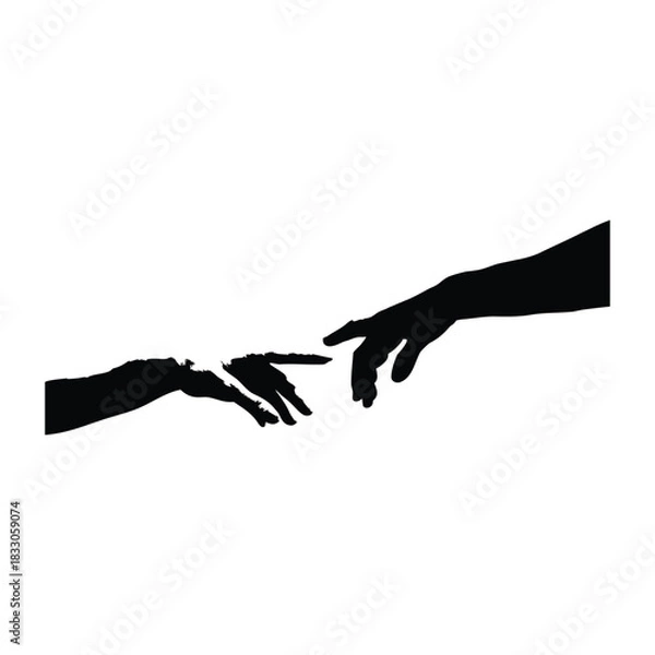 Obraz Black and white vector illustration of two human hands reaching out to each other in classic vintage style