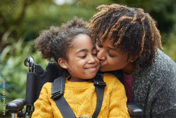 Obraz Happy candid mixed race mother and disabled child in a wheelchair spending time together in a park playground. Supportive inclusive family with handicapped children. Inclusion & diversity	
