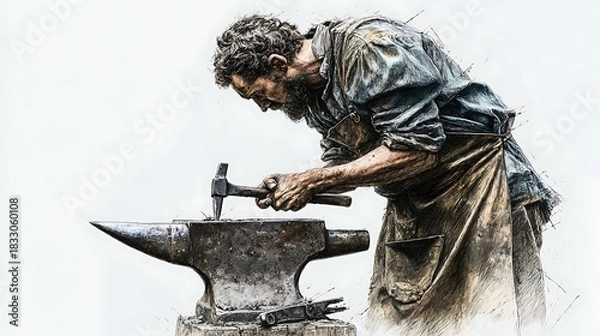 Fototapeta A blacksmith meticulously forging metal on an anvil with his hammer