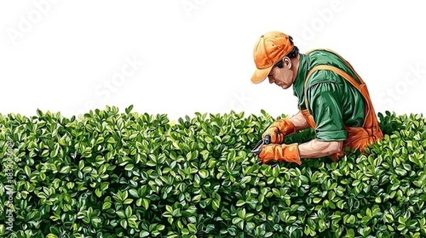 Fototapeta A man meticulously trimming a hedge with precision