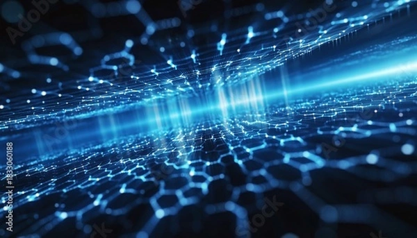 Fototapeta Abstract glowing blue digital network flowing through a dark cyber space with hexagonal patterns, concept for technology, innovation and connectivity.