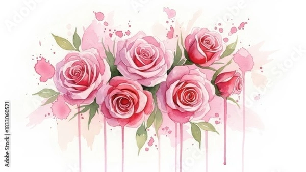 Obraz A beautiful watercolor bouquet of pink roses with green leaves and delicate pink splashes isolated on white background