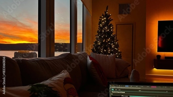 Obraz Christmas tree cozy living room while sunset