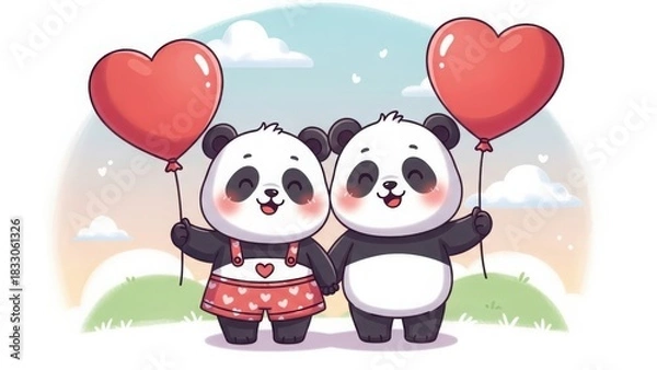 Obraz Two cute cartoon pandas holding red heart shaped balloons in a whimsical winter landscape isolated on white background