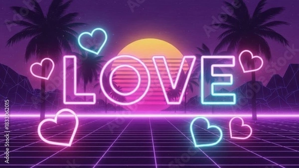 Obraz Glowing neon sign spelling love with surrounding hearts in a retro sunset landscape isolated on white background