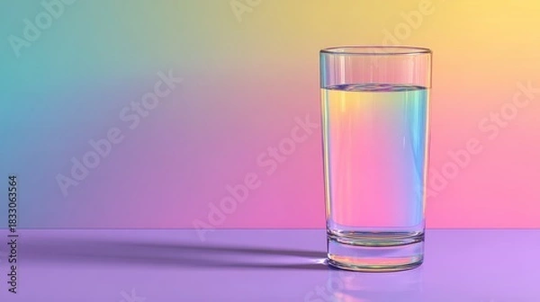 Fototapeta Tall glass filled with water and illuminated by gradient colorful light. Use this refreshing image to convey health, wellness, or hydration.