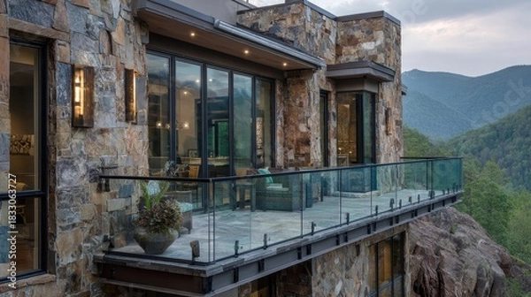 Fototapeta Luxury stone house with a glass-railed balcony overlooking the mountains. Perfect for showcasing high-end real estate or scenic home designs.