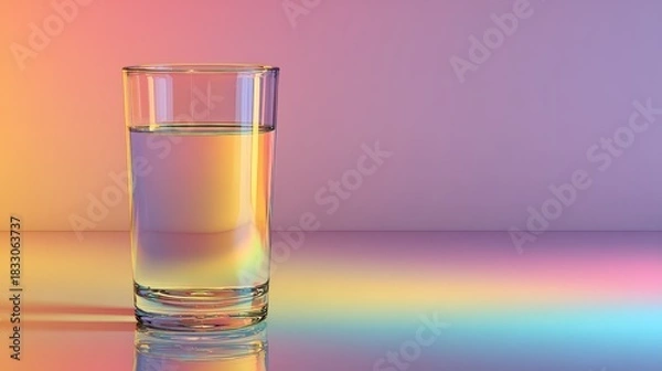 Fototapeta A glass of water reflects light in a gradient of peach, yellow, and purple hues. This can represent health, hydration, or artistic color concepts.