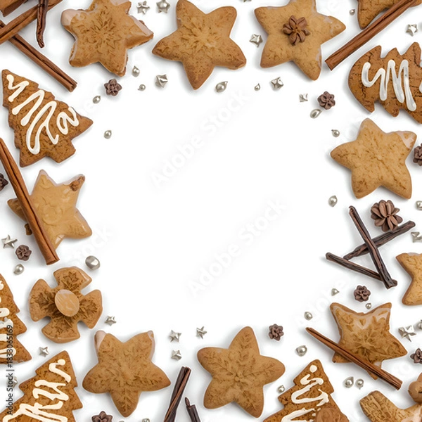 Fototapeta Festive gingerbread cookies in various shapes like star and tree on top half of frame create clean area for text. sweet and happy holiday concept