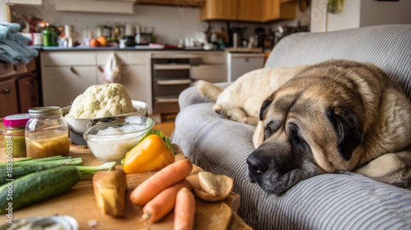 Obraz Cute fat dog sad because excess weight. Modern problem of obesity in pets due to overfeeding with food and treats. Concept diet and fight against excess weight in dogs and awareness of animal health