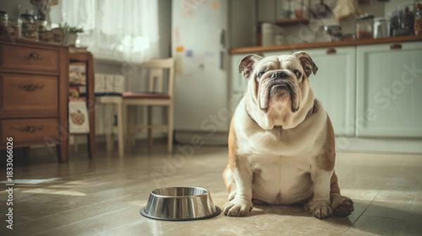 Obraz Cute fat dog sad because excess weight. Modern problem of obesity in pets due to overfeeding with food and treats. Concept diet and fight against excess weight in dogs and awareness of animal health