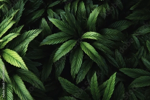 Fototapeta Lush, dark green plant leaves are densely arranged in an overhead shot. Use this image for backgrounds, nature themes, or creative projects.