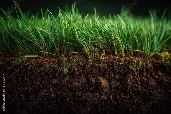 Fototapeta Fresh green grass growing from rich, dark soil with visible roots. Perfect for environmental or agricultural projects and presentations.