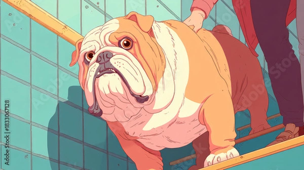 Obraz Cute fat dog sad because excess weight. Modern problem of obesity in pets due to overfeeding with food and treats. Concept diet and fight against excess weight in dogs and awareness of animal health