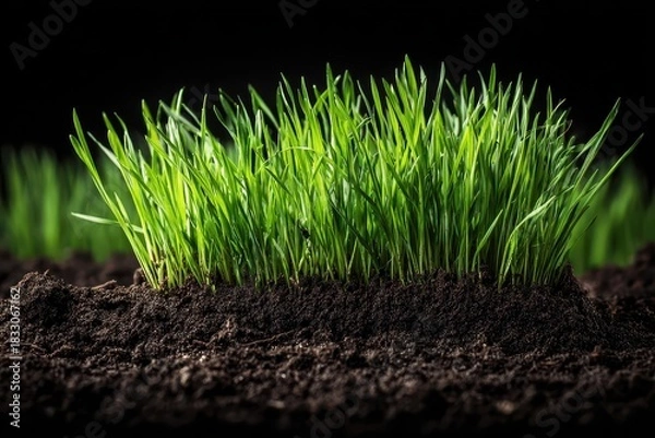 Fototapeta Lush green grass sprouts from rich, dark soil against a black background. Use this shot to represent growth, freshness, or environmental themes.