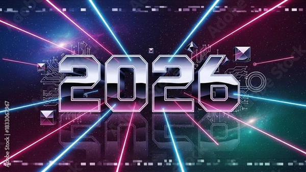 Obraz Sci-Fi Retro 2026 Poster: Chrome Typography with Neon Laser Streaks and VHS Cosmic Grain