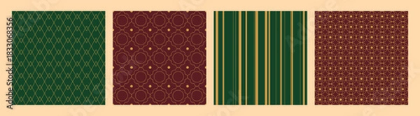 Obraz Set of vintage-style Christmas patterns with elegant golden lines. Designed in deep green and burgundy palettes with gold line-art details, stripes and ornate. Holiday cards.