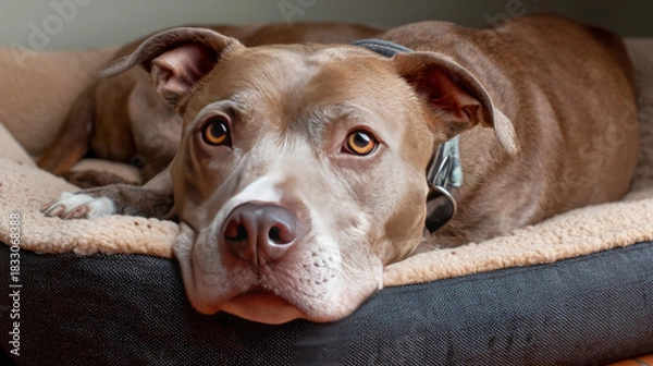 Obraz Cute fat dog sad because excess weight. Modern problem of obesity in pets due to overfeeding with food and treats. Concept diet and fight against excess weight in dogs and awareness of animal health