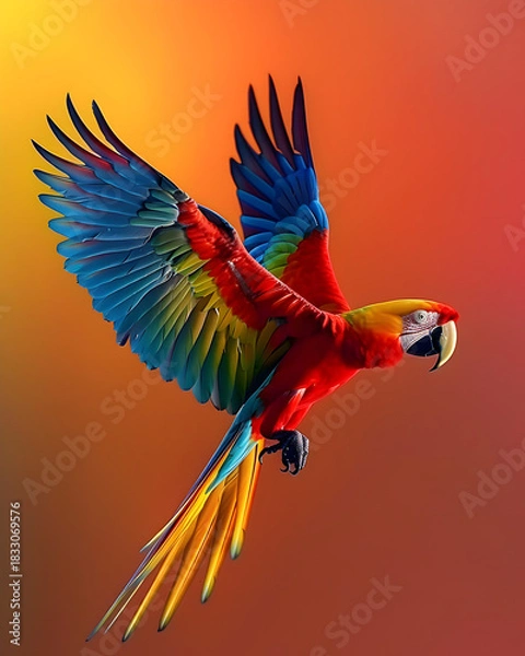Fototapeta Colorful Scarlet Macaw in Flight on Vibrant Background