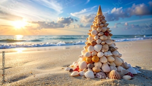 Obraz Small seashell christmas tree on the beach with copy space sand