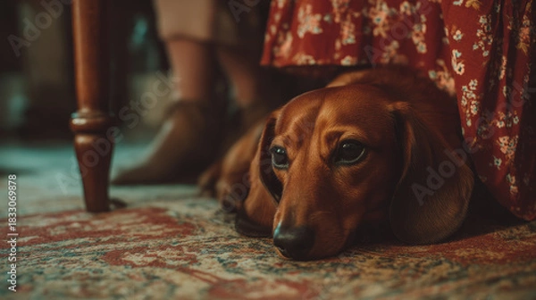 Obraz Cute fat dog sad because excess weight. Modern problem of obesity in pets due to overfeeding with food and treats. Concept diet and fight against excess weight in dogs and awareness of animal health