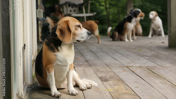 Obraz Cute fat dog sad because excess weight. Modern problem of obesity in pets due to overfeeding with food and treats. Concept diet and fight against excess weight in dogs and awareness of animal health