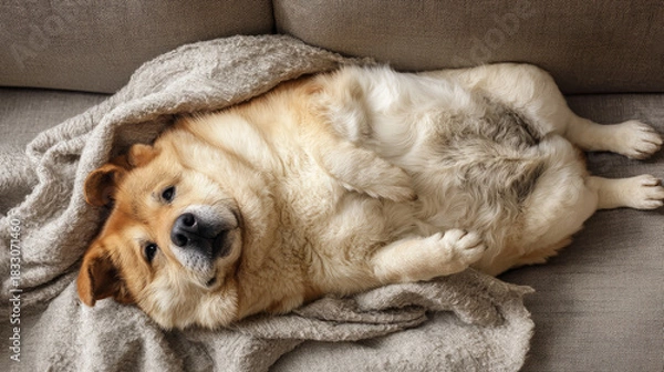 Obraz Cute fat dog sad because excess weight. Modern problem of obesity in pets due to overfeeding with food and treats. Concept diet and fight against excess weight in dogs and awareness of animal health