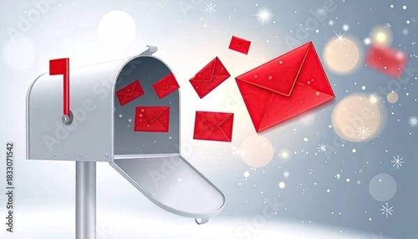 Obraz Silver mailbox releasing red envelopes into a snowy festive winter scene.