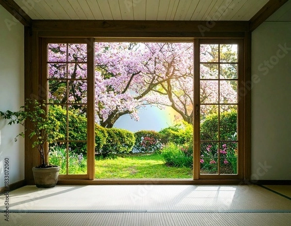 Obraz 陽光が差し込む窓越しの桜と庭園