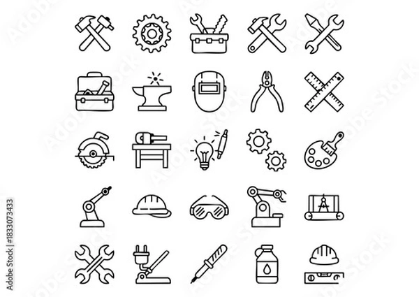Fototapeta Workshop & Industrial Tools: Vector Icon Set, Black and White Craftsmanship Icons, 25 Essential Engineering and Repair Icons