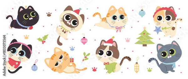Fototapeta Cute Christmas and Happy New Year cat element vector illustration with festive outfits, ornaments, holly leaves, gifts, Christmas trees, stars, paw prints and playful holiday decorations. Suitable for