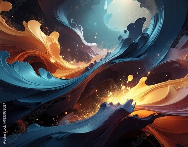 Obraz Abstract Swirling Waves of Fiery Orange and Deep Blue with Sparkling Golden Light Particles