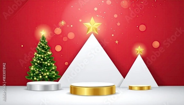 Obraz Festive Christmas stage with decorated tree and podiums on red background with bokeh lights.