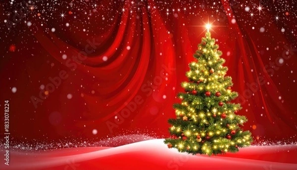 Obraz Beautifully decorated Christmas tree with glowing lights and festive red background.