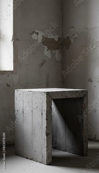 Obraz Minimalist concrete block stool with rough texture in abandoned room with natural light from window