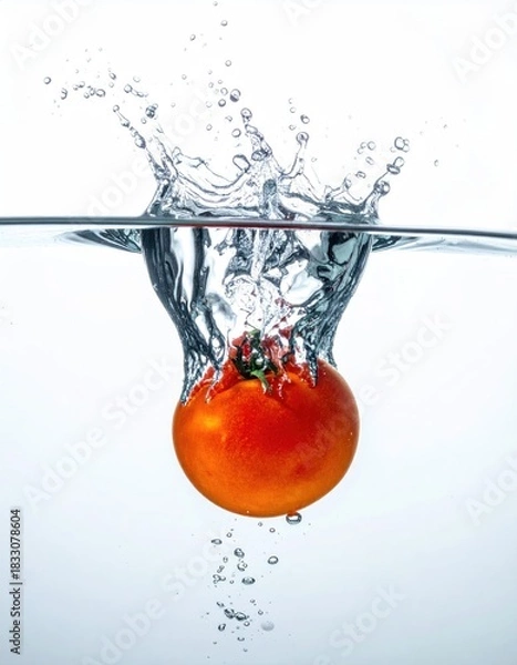 Obraz Tomato Plunging Into Water Creating Splashes Against White Background