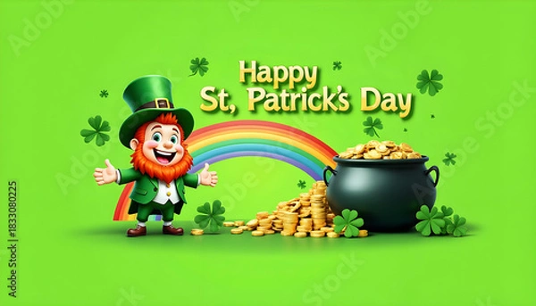 Obraz Happy leprechaun celebrating St. Patrick's Day with pot of gold  