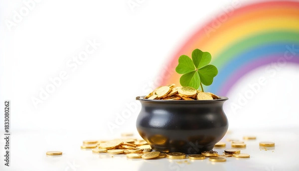 Obraz Black pot filled with gold coins and a green clover with rainbow background, Concept of St. Patrick's Day good luck and prosperity  