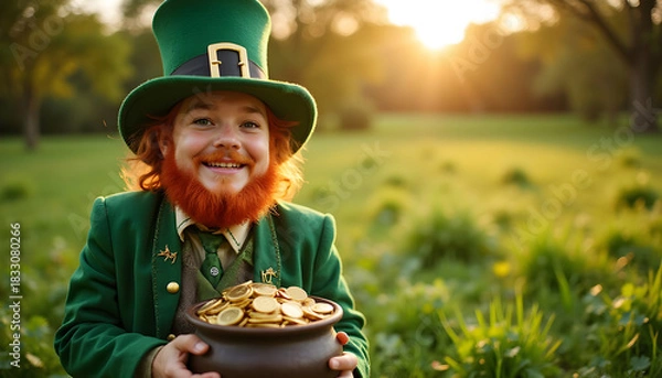 Obraz Boy dressed as a leprechaun holding pot of gold in green park at sunset  