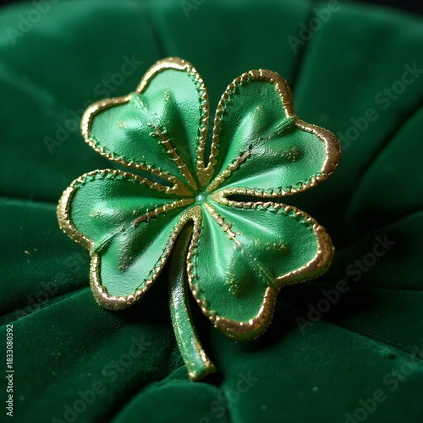 Obraz Green four-leaf clover brooch on green velvet background  