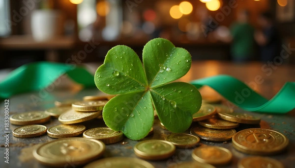 Obraz Four-leaf clover resting on gold coins with green ribbon background  