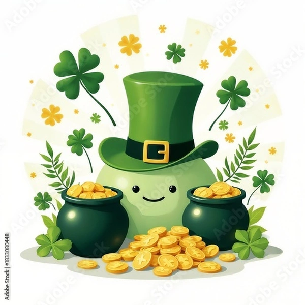 Obraz Cartoon leprechaun with pots of gold and shamrocks for St. Patrick's Day  