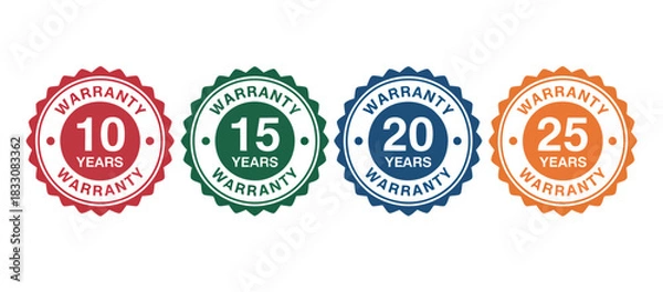 Obraz Collection of four warranty seals displaying 10, 15, 20, and 25 years of coverage against a white background.
