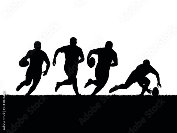 Obraz Silhouettes of rugby players in action against a white background, illustrating the sport's dynamic movements and competitive spirit.