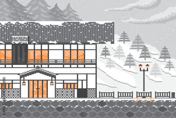 Obraz Winter cityscape with japanese architecture on forest background in pixel game classic.