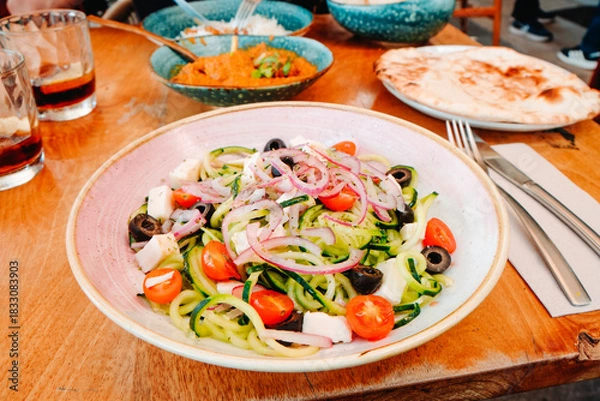 Obraz a fresh cucumber salad served at a restaurant table