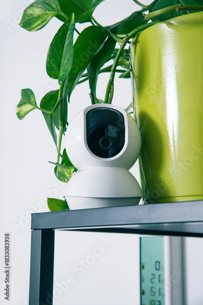 Obraz a camera nestled among trailing green leaves